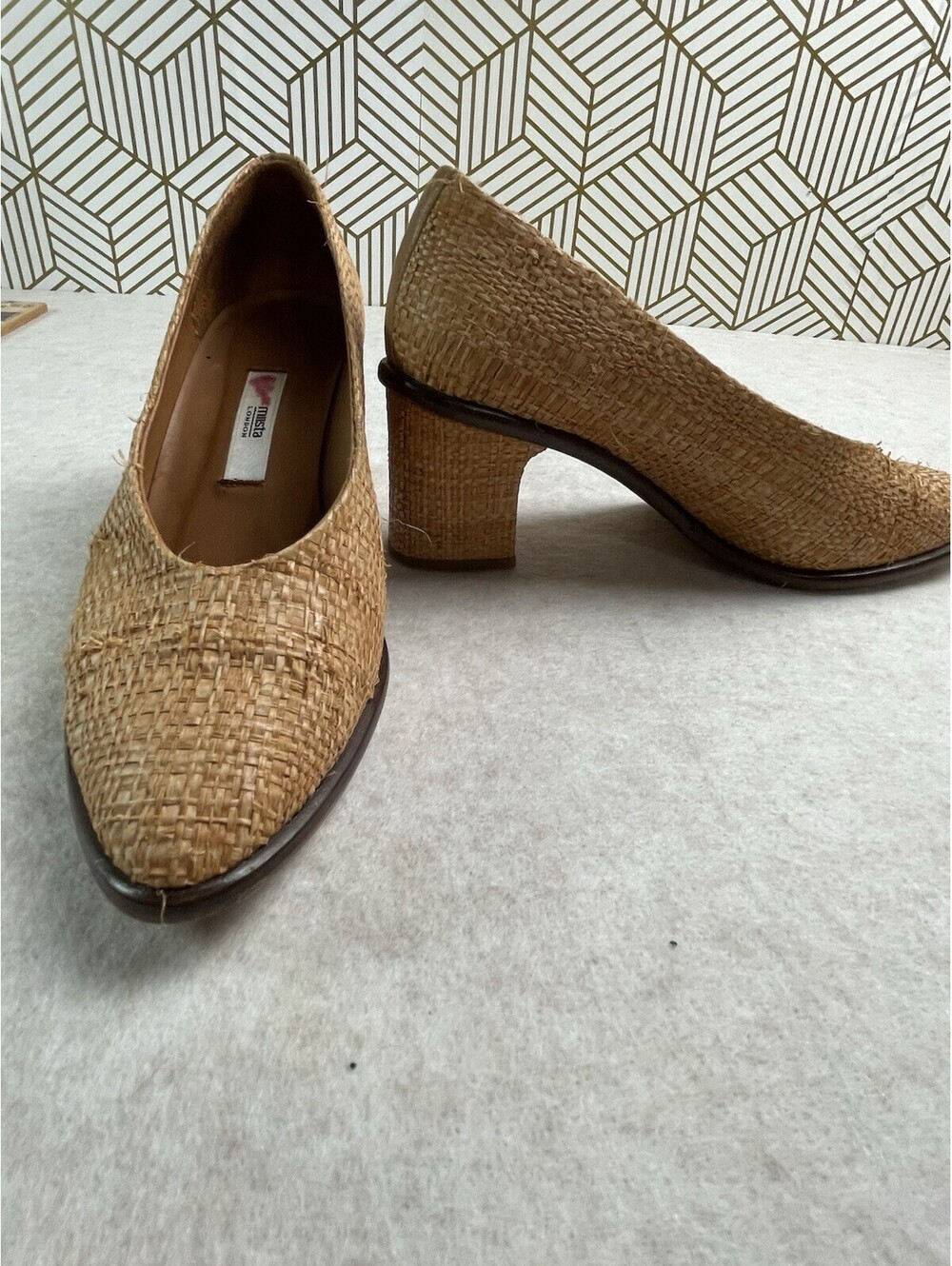 Miista Noa Woven Raffia Legno Pumps Brown Square Almond Toe Block Heels US 7.5